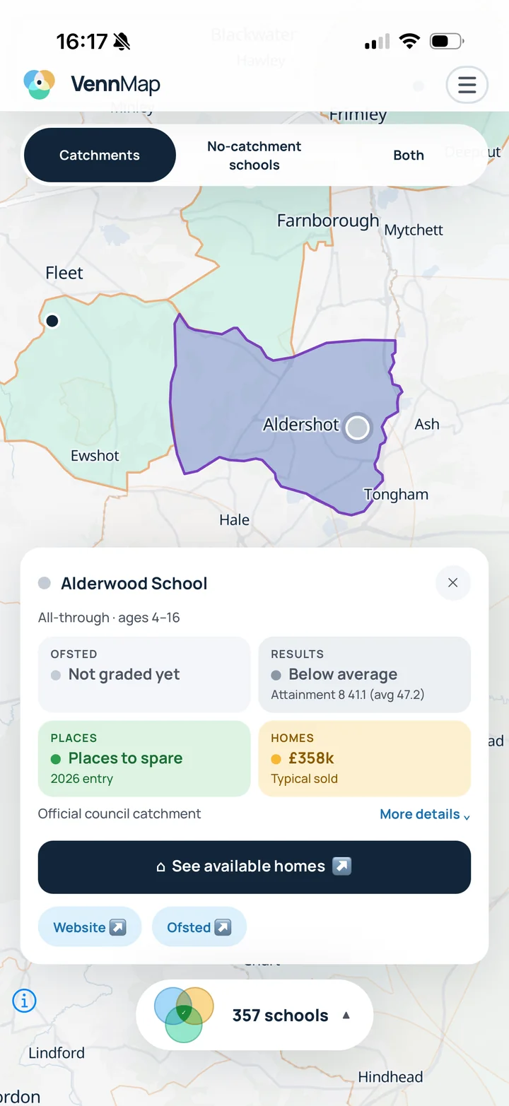 VennMap with Alderwood School's official council catchment highlighted around Aldershot, and a sheet showing Ofsted, results, places and typical sold price.