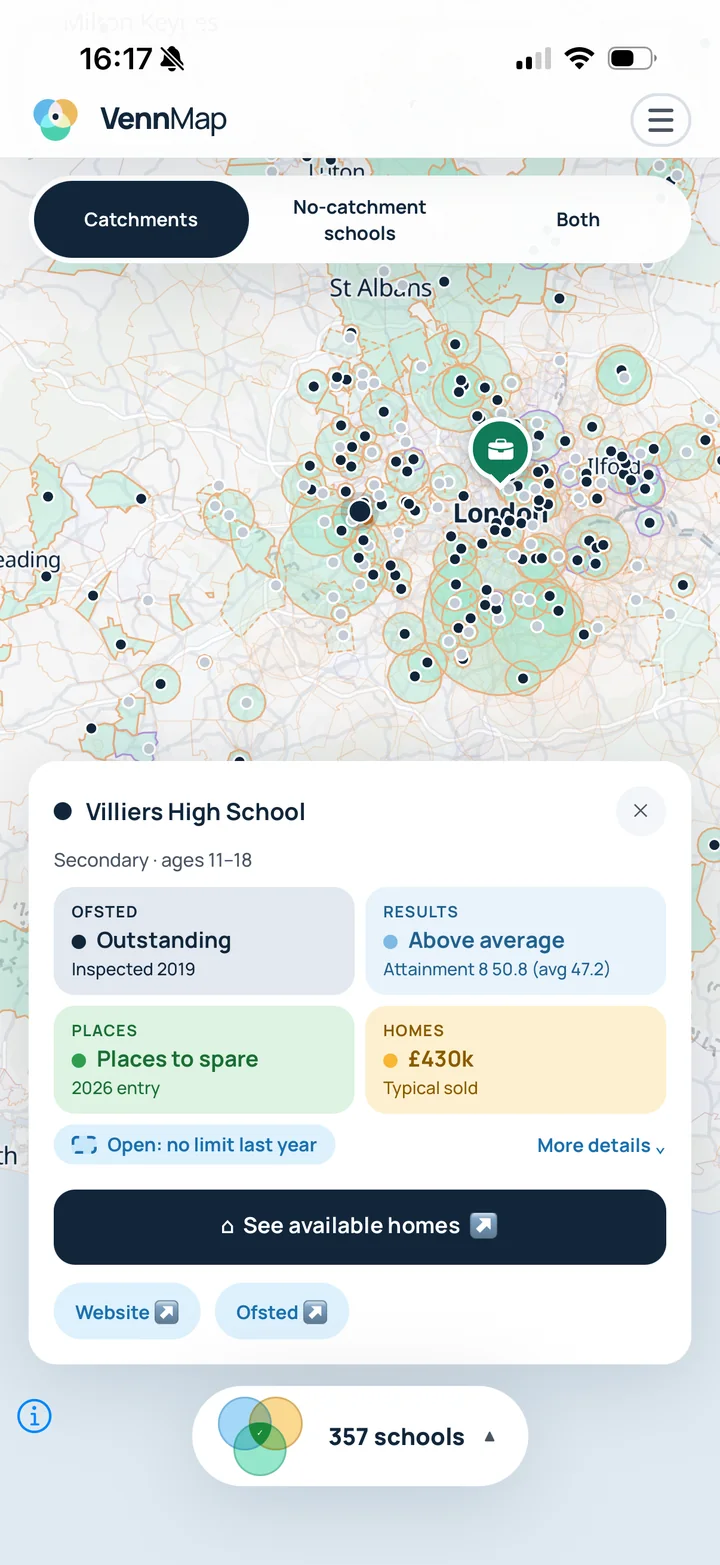 VennMap zoomed out over London with hundreds of matching schools, the work pin near Camden, and Villiers High School's details open.